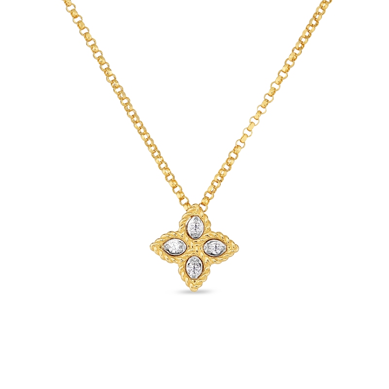 ROBERTO COIN YELLOW AND WHITE GOLD PRINCESS FLOWER INDP SMALL PENDANT .04. 