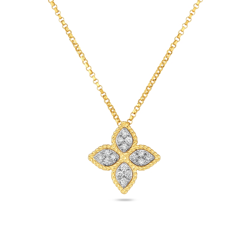 18K YELLOW AND WHITE PRINCESS FLOWER DIAMOND NECKLACE (M). .17