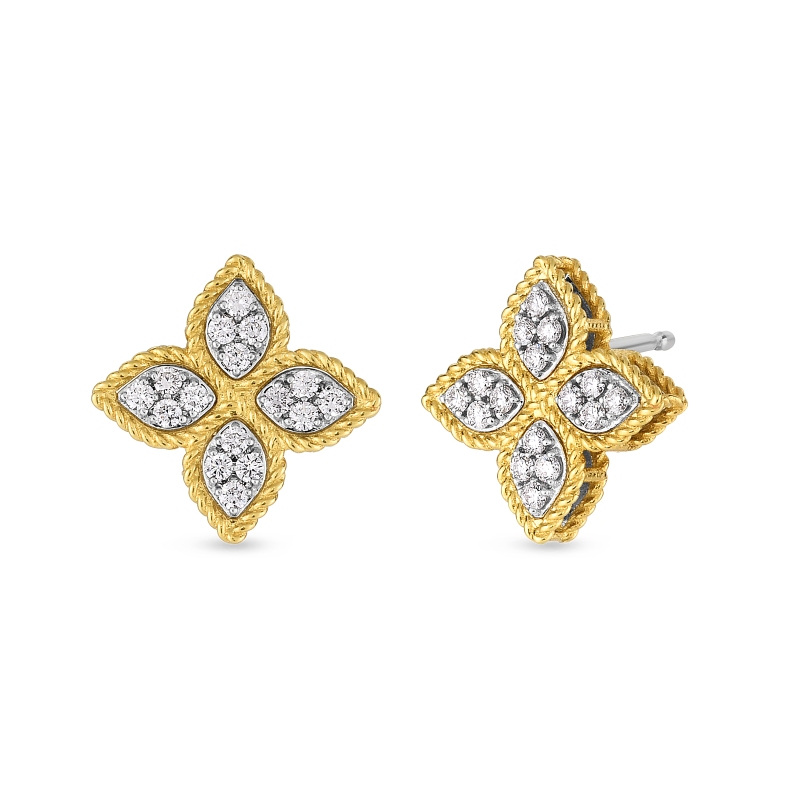 18K YELLOW AND WHITE GOLD PRINCESS FLOWER DIAMOND MED. STUD EARRINGS. 0.38ct