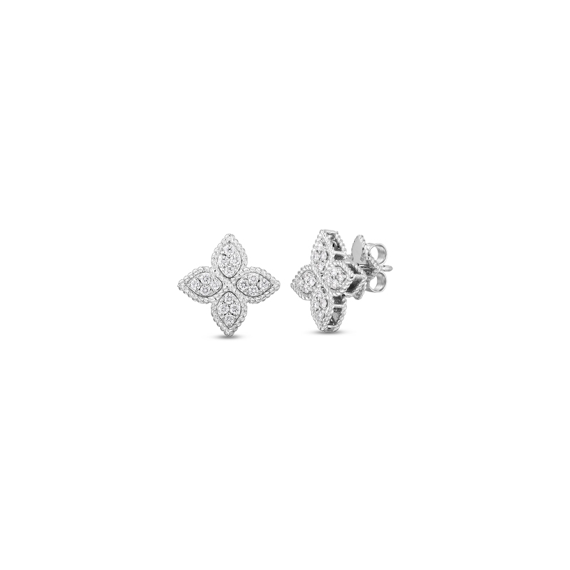 18K WHITE GOLD PRINCESS FLOWER MEDIUM STUD EARRINGS WITH DIAMONDS. 0.38ct