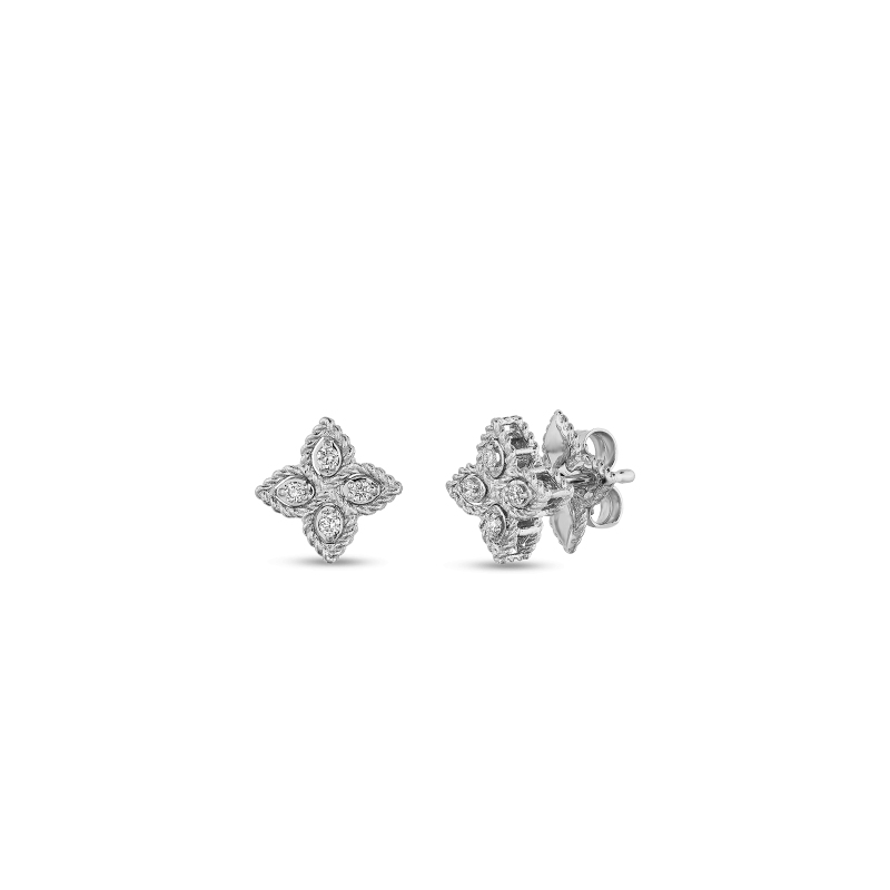 ROBERTO COIN - 18K WHITE GOLD DIAMOND PRINCESS FLOWER EARRINGS SMALL SIZE. 0.07CTS