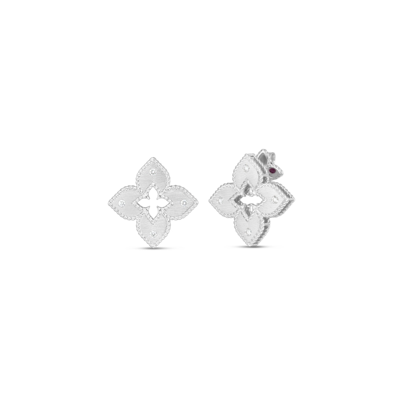 18K White Gold Petite Venetian Princess Diamond and Satin Finish Stud Earrings. .12ctw