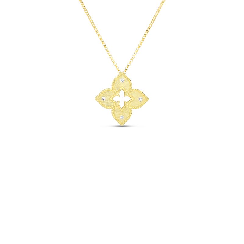 18K YELLOW GOLD PETITE VENETIAN PRINCESS DIAMOND & SATIN FINISH FLOWER NECKLACE. .06CT
