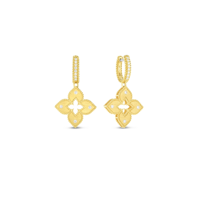 18K YG PETITE VENETIAN PRINCESS DIAMOND & SATIN FINISH FLOWER DROP EARRINGS. .23CTW