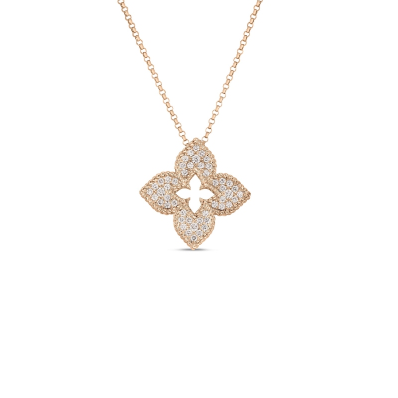 18K ROSE GOLD VENETIAN PRINCESS PAVï¿½ DIAMOND FLOWER NECKLACE. 