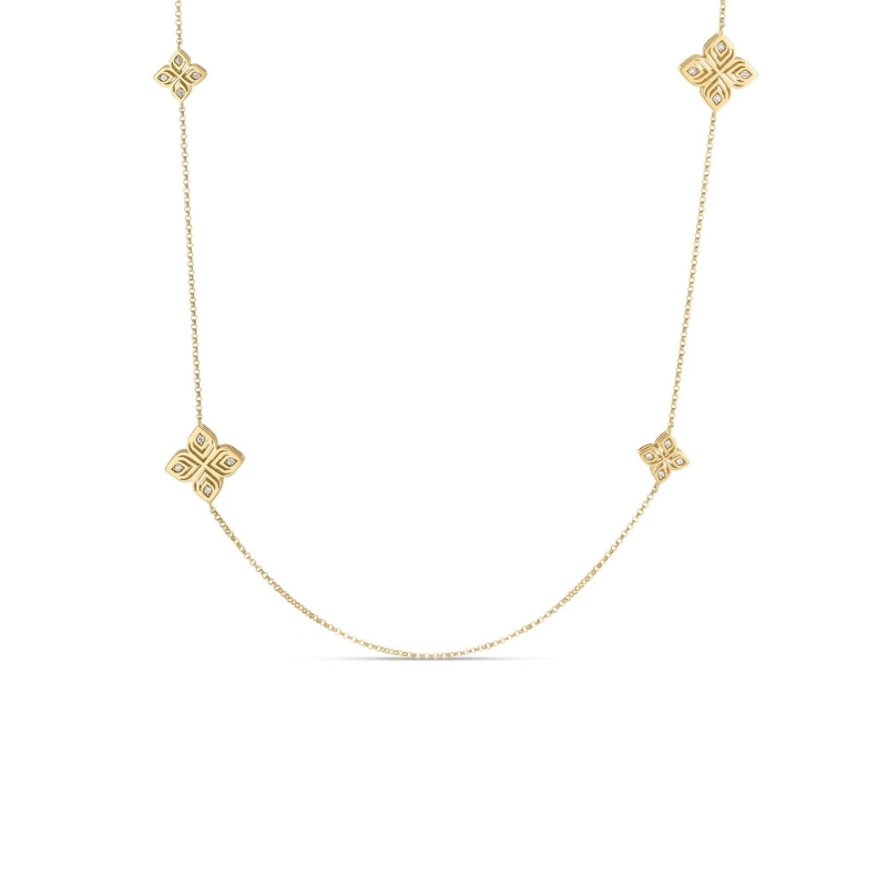 18k Yellow Gold Arabesque Diamond Flower Station Long Necklace .25ctw. 