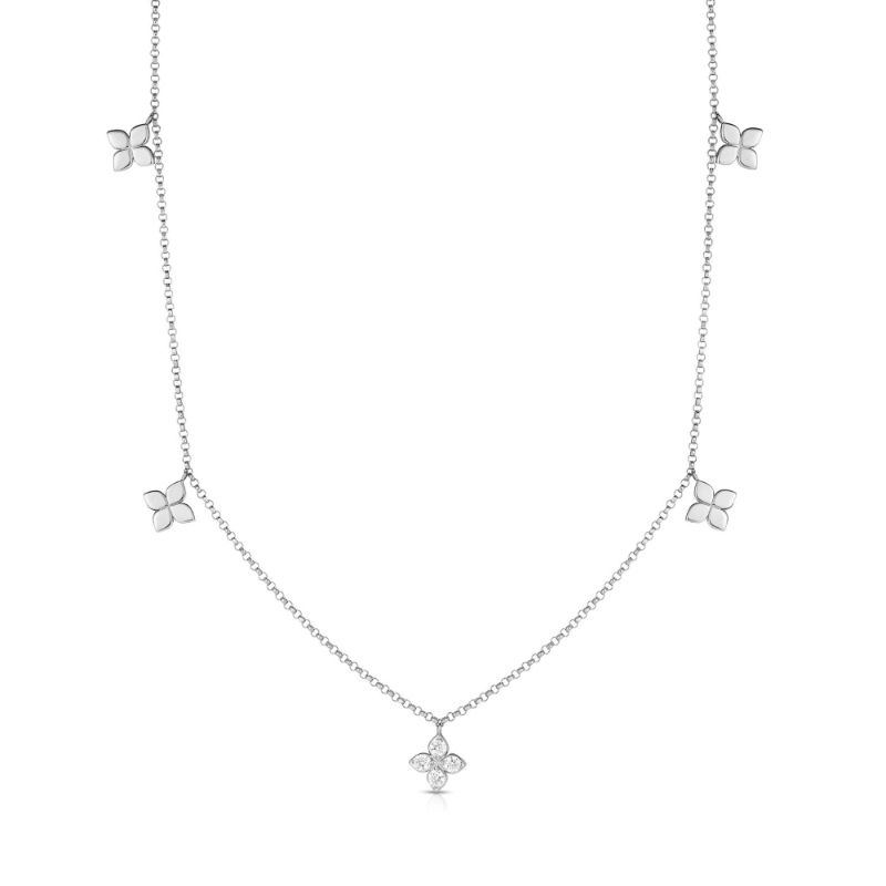 18k White Gold Love in Verona Diamond & Polished Small Flower Station Necklace. .08ctw