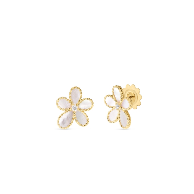 Jasmine Flower Earrings in 18K Yellow Gold with MOP and Diamonds. DIA- 0.07, MOP 1.90