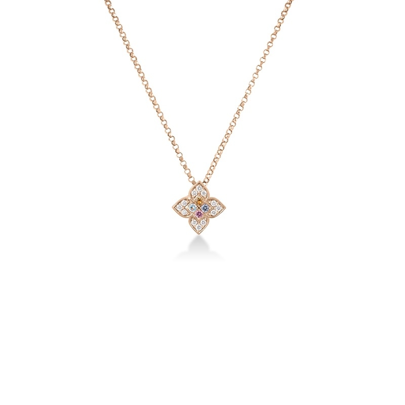 ROBERTO COIN 18K ROSE GOLD DIAMOND BLUE TOPAZ CITRIN RUBY TANZANITE VENITIAN. PRINCESS CARNIVAL SMALL NECKLACE BTOP-0.01, CITR-0.01 DIA-0.06 RUB-0.01,TANZ 0.1