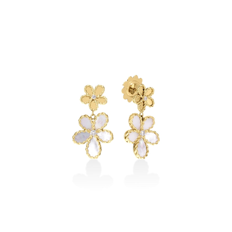Roberto Coin 18k Yellow Gold Diamond Mother of Pearl Jasmine Drop Earrings. Mother of Pearl 1.95 Diamond .09ctw