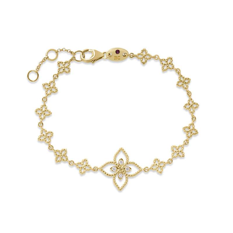 18K Yellow Gold Princess Flower Chain and Diamond Flower Charm Bracelet. .04ctw