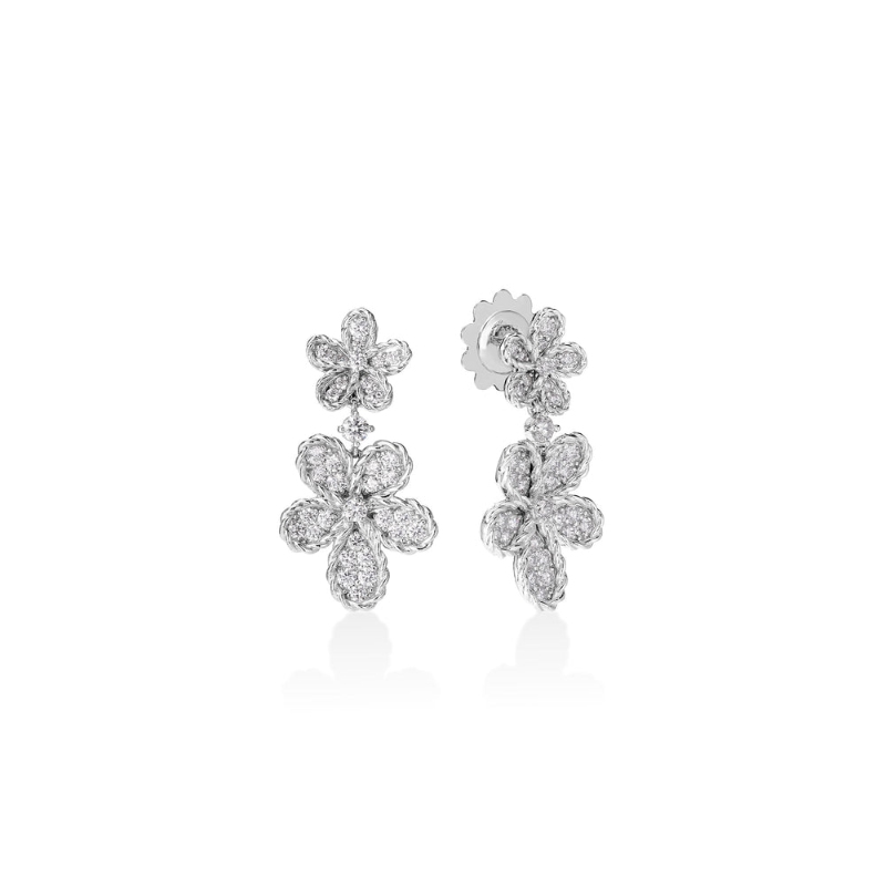ROBERTO COIN 18K WHITE GOLD DIAMOND JASMINE PAVE FLOWER DROP EARRINGS DIA-1.08. 