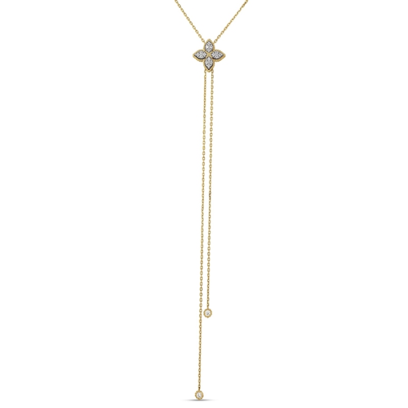 18K YELLOW AND WHITE GOLD PRINCESS FLOWER PAVï¿½ DIAMOND LARIAT NECKLACE. 