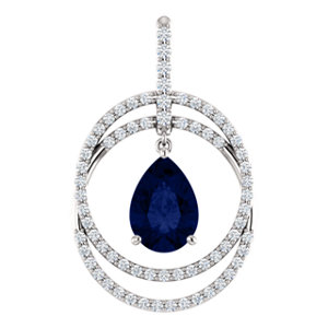 14K White Chatham® Created Blue Sapphire & 1/2 CTW Diamond Pendant
