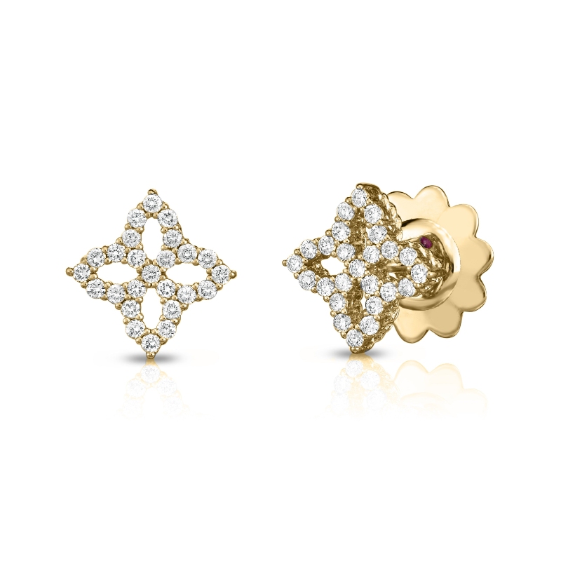 18k Yellow Gold Diamond Princess Outline Flower Stud Earrings (S). .32ctw