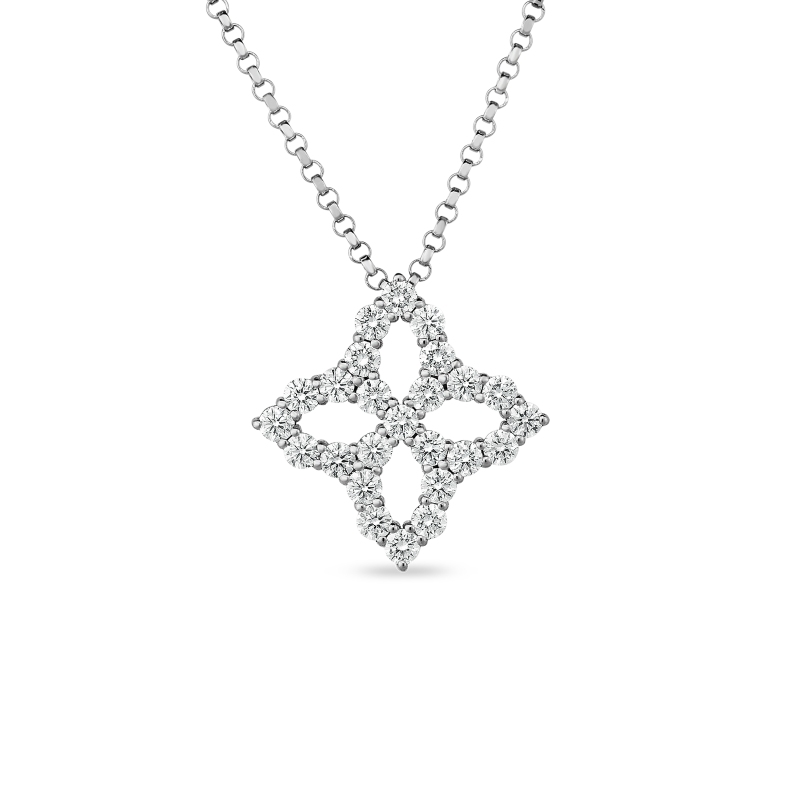 18 WHITE GOLD PRINCESS FLOWER NECKLACE INDP MEDIUM 0.50. 