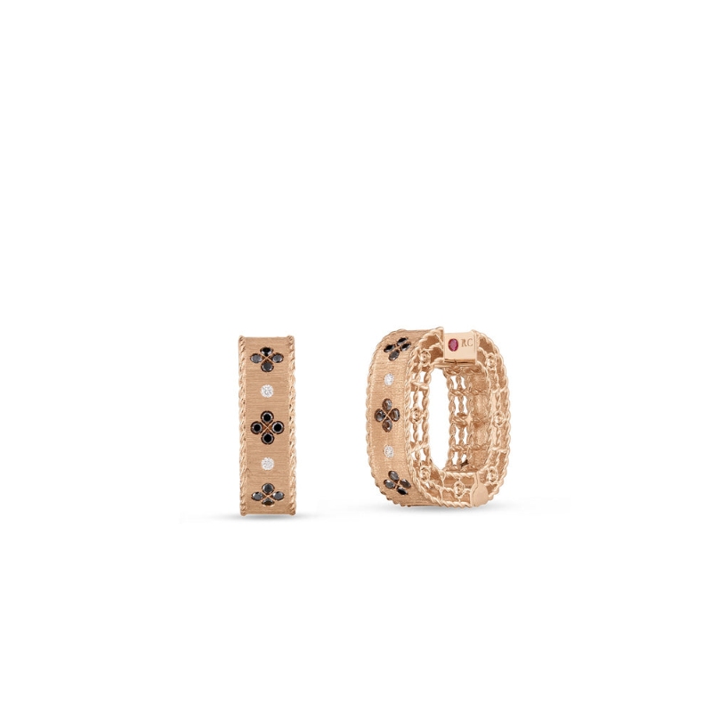 18K ROSE GOLD PRINCESS BLACK AND WHITE DIAMOND SQUARE HOOP EARRINGS. 