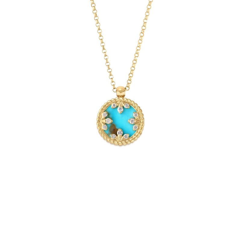 18K YELLOW GOLD VENETIAN MEDALLIONS NECKLACE WITH DIAMONDS AND TURQUOISE