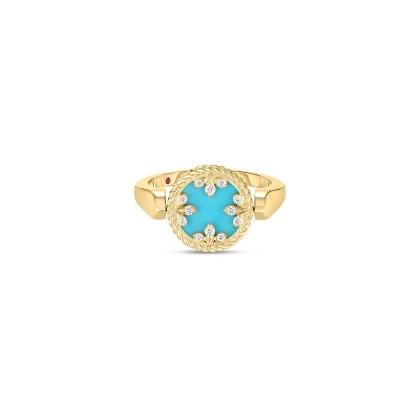 18K YELLOW GOLD VENETIAN MEDALLIONS RING W/TURQUOISE AND DIAMONDS. DIA-0.05 TURQ-2.00