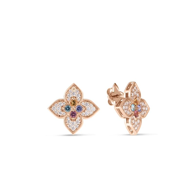 18K Rose Gold Venetian Princess Carnival Pave Diamond & Mixed Gem Stud Earrings. .75 Tanzanite, .10 Rubellite, .10 Citrine, .08 Blue Topaz