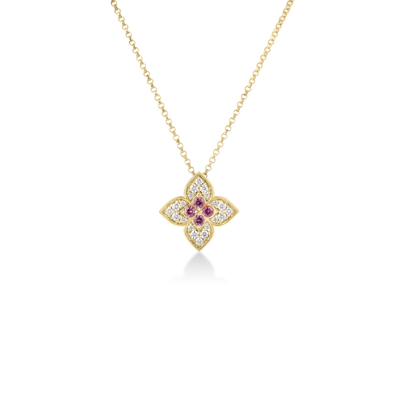 18k Yellow Gold Venetian Princess Carnevale Diamond and Rubellite Necklace. Diamond .18ctw, Rubellite .10