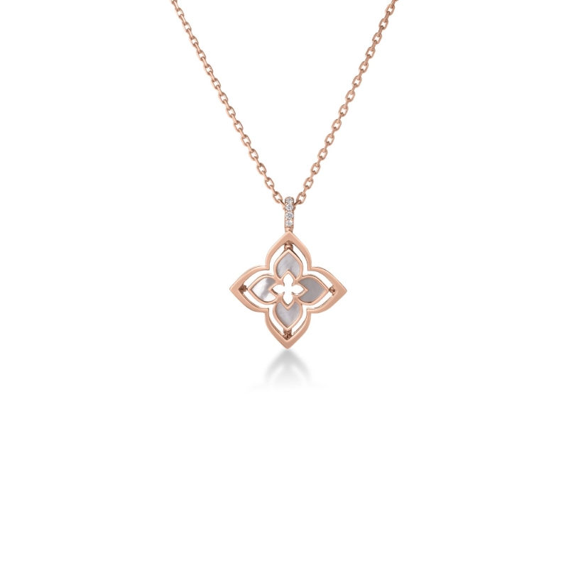 18k Rose Gold Venetian Princess Pirouette Pavï¿½ Diamond & MOP SM Flower Necklace. Diamond .15ctw, Mother of Pearl 1.35