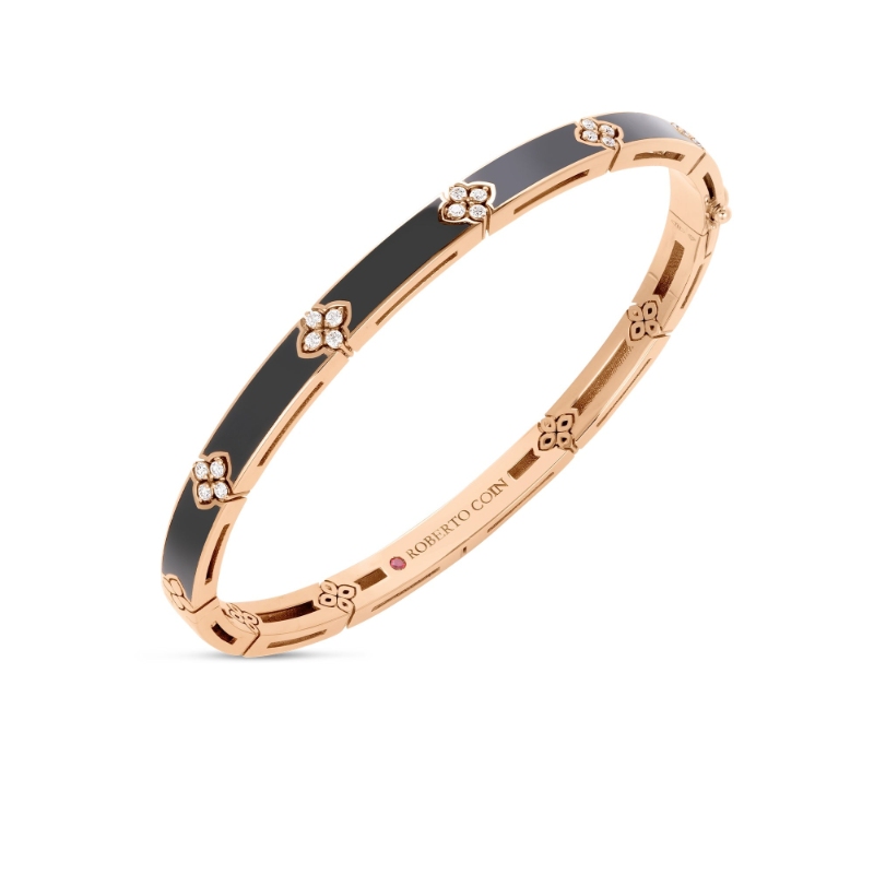 Roberto Coin Rose Gold Black Enamel Love in Verona Bangle with Diamonds 48x58. Diamond .14ctw