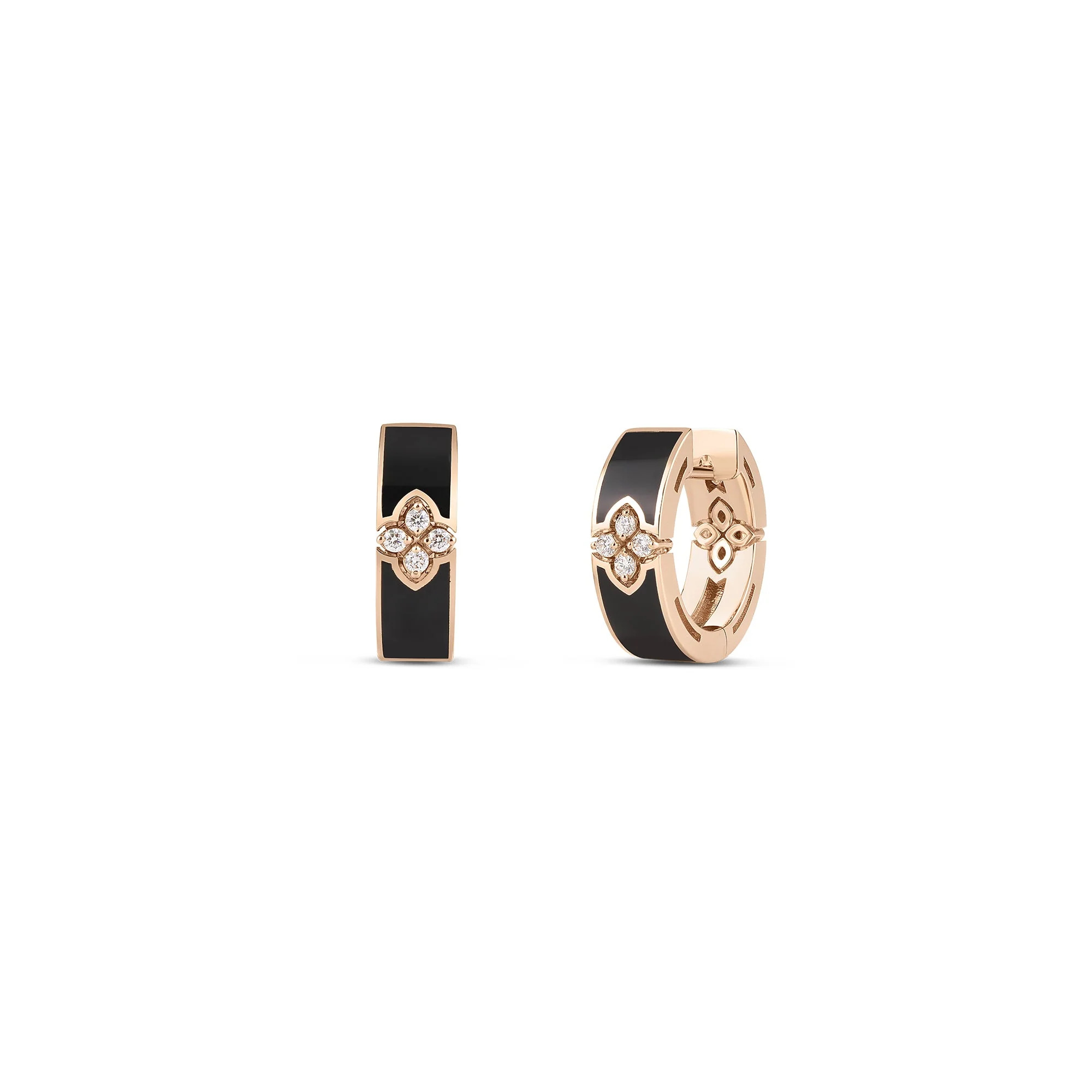 Roberto Coin 18K RG Love in Verona Hoop Earrings with Black Enamel and Diamonds. .06ct, 4mm W x 15mm D