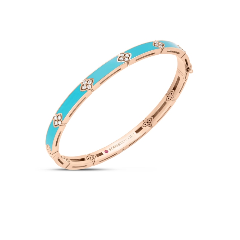 18K ROSE GOLD LOVE IN VERONA DIAMOND AND TURQUOISE ENAMEL BANGLE. DIA-0.15