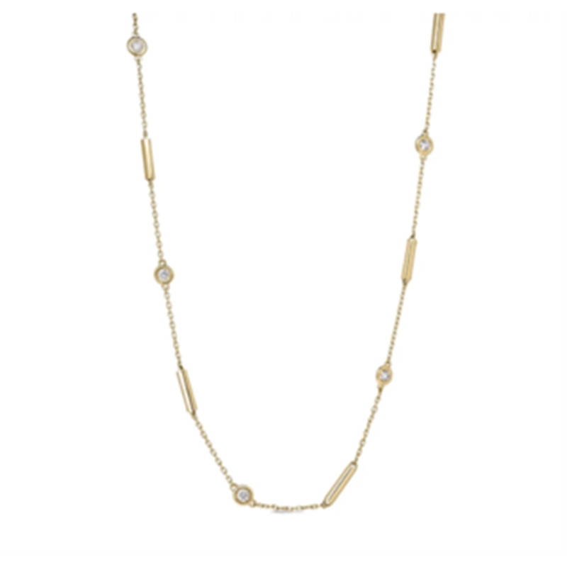 18K YELLOW GOLD DIAMONDS BY THE INCH BAR AND BEZEL STATION NECKLACE. 0.34ctw