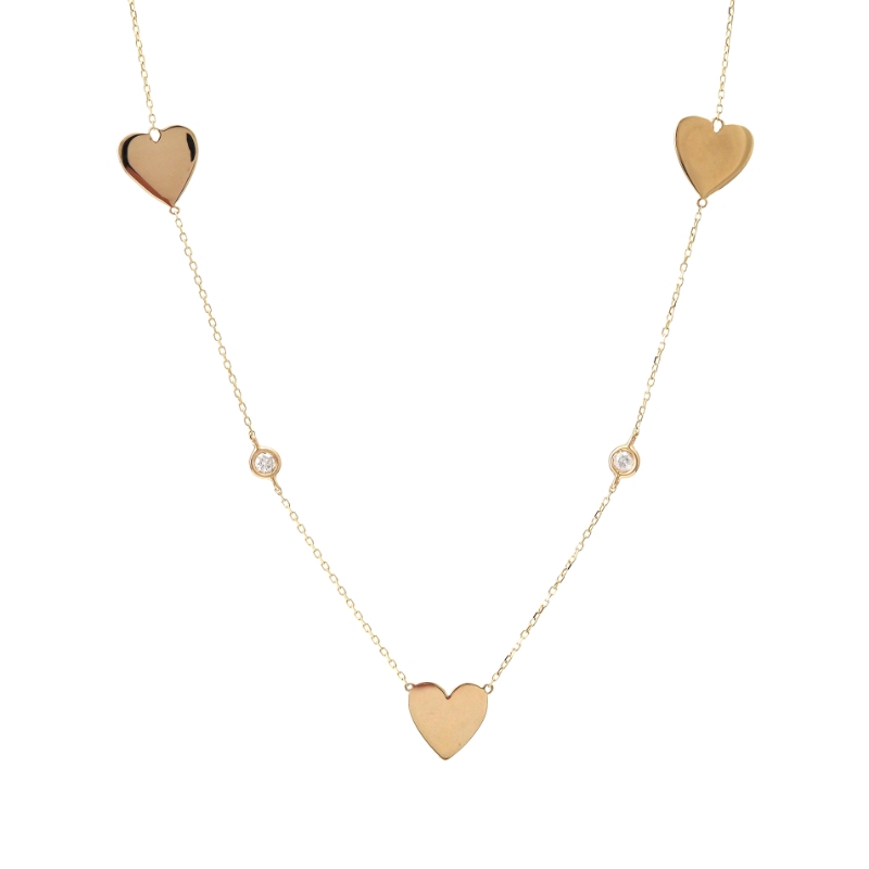 DIAMOND NECKLACE W/  3 HEART CHARMS (14K)