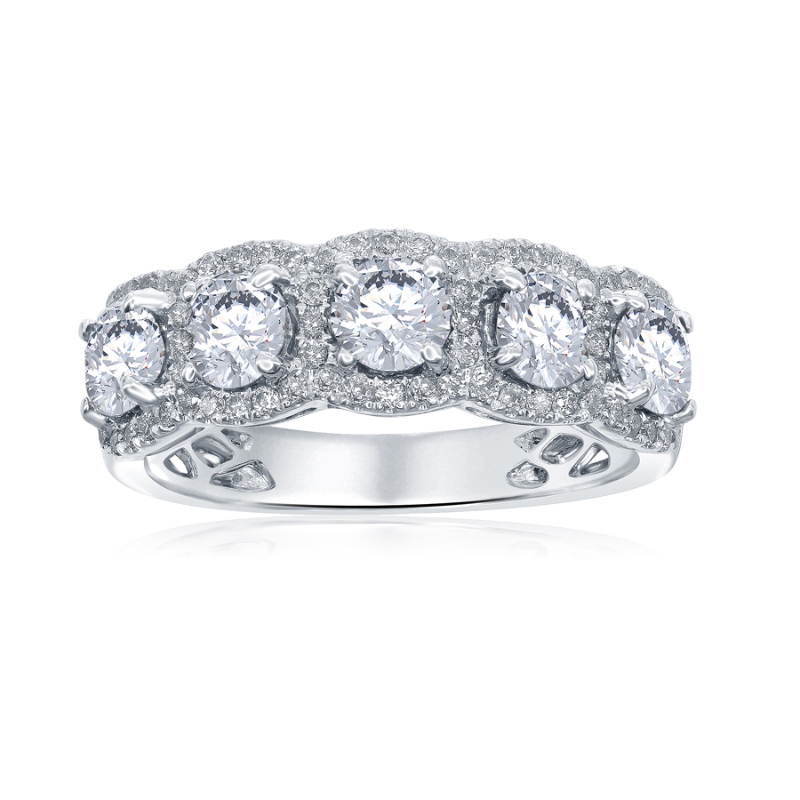 14K White Gold 5-Stone Diamond Halo Anniversary Band