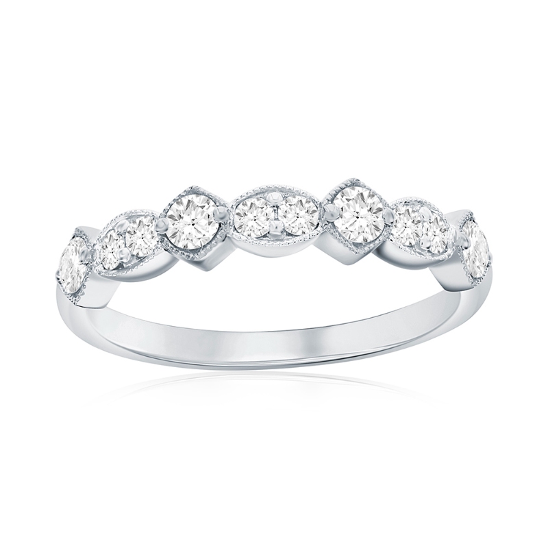 14K White Gold Alternating Miligrain Diamond Band