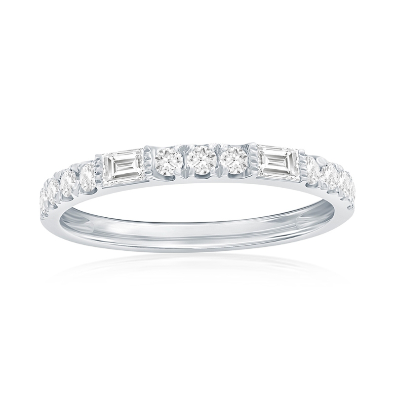 14K White Gold Baguette and Round Diamond Band