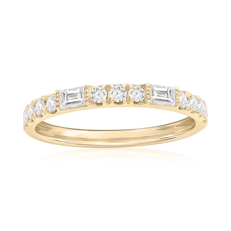 14K Yellow Gold Baguette and Round Diamond Band