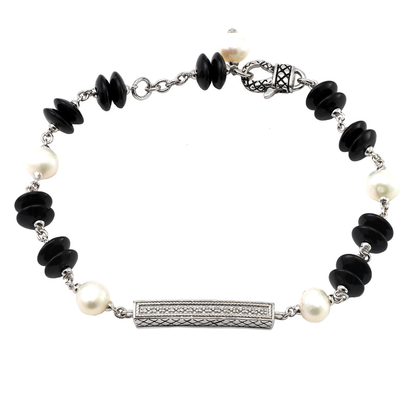 Silver Diamond/Onyx/Pearl Bracelet (7