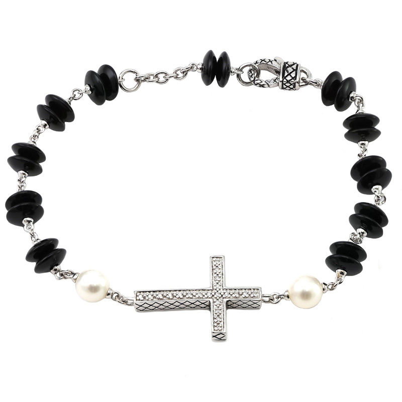 Silver Diamond/Onyx/Pearl Bracelet (7