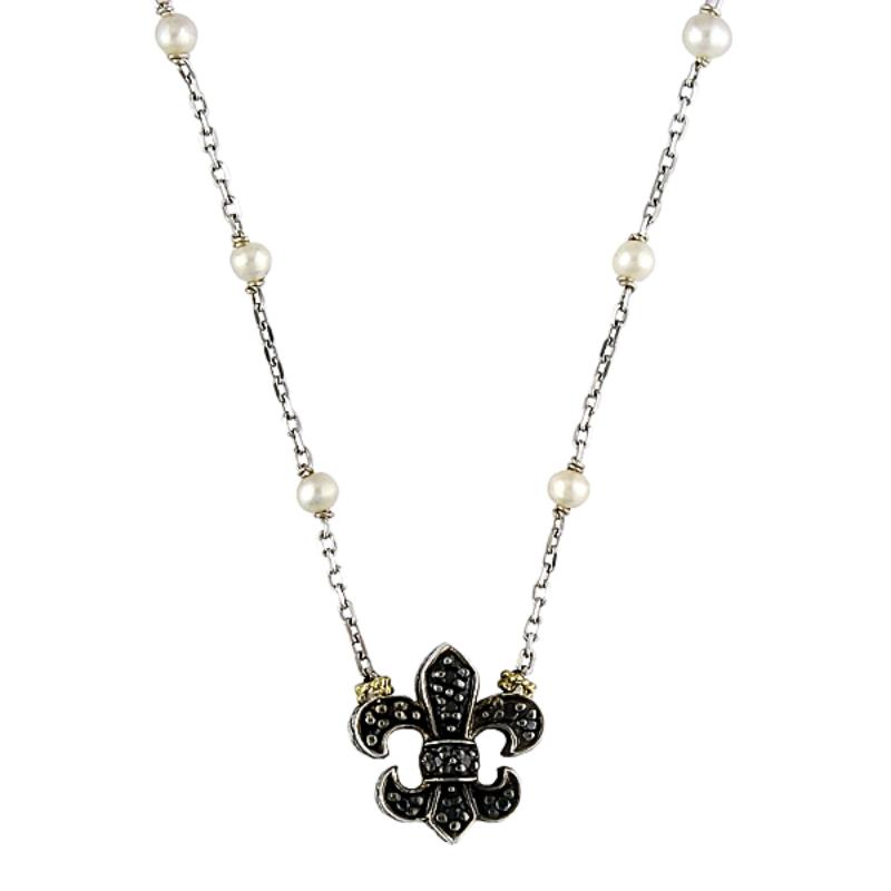 18K/Silver Pearl-Black Dia Fleur De Lis Necklace