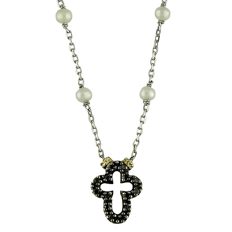 18K/Silver Pearl-Black Diamond Cross Necklace