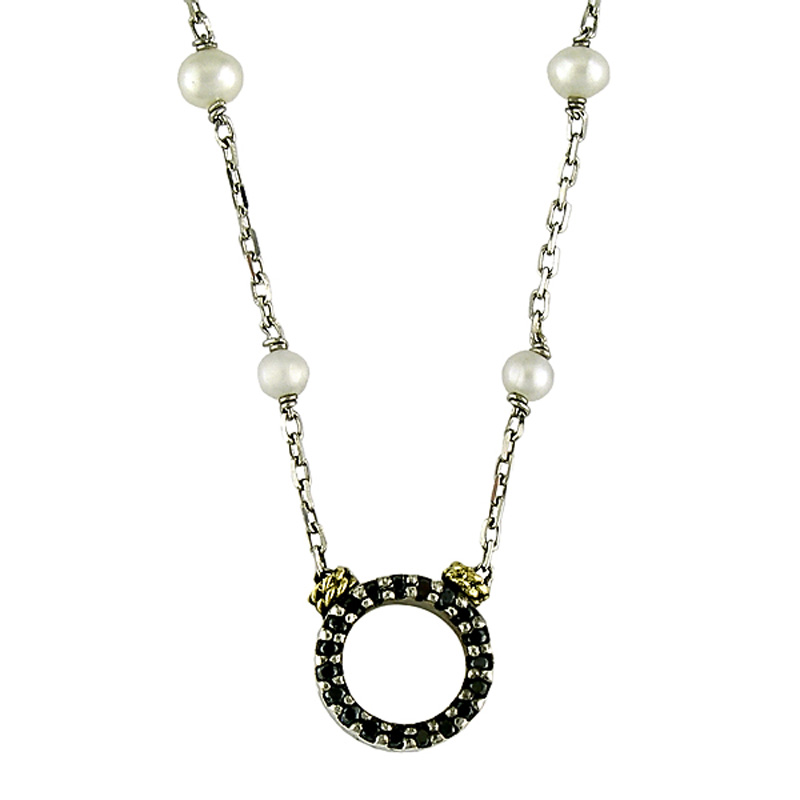 18K/Silver Pearl-Black Diamond Circle Necklace