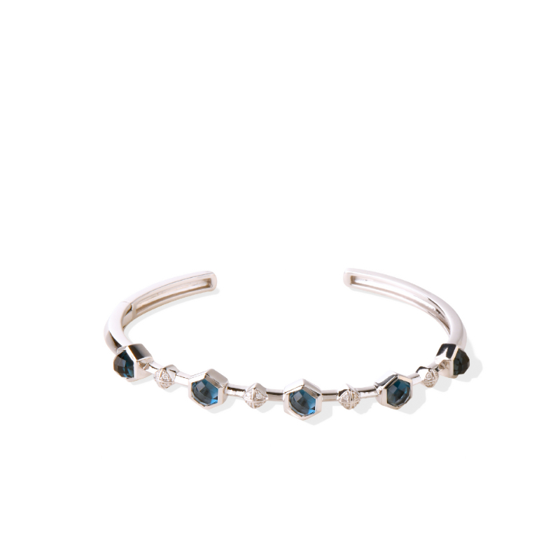 14K Solid Gold Natural White Diamond Blue Topaz Bangle Bracelet