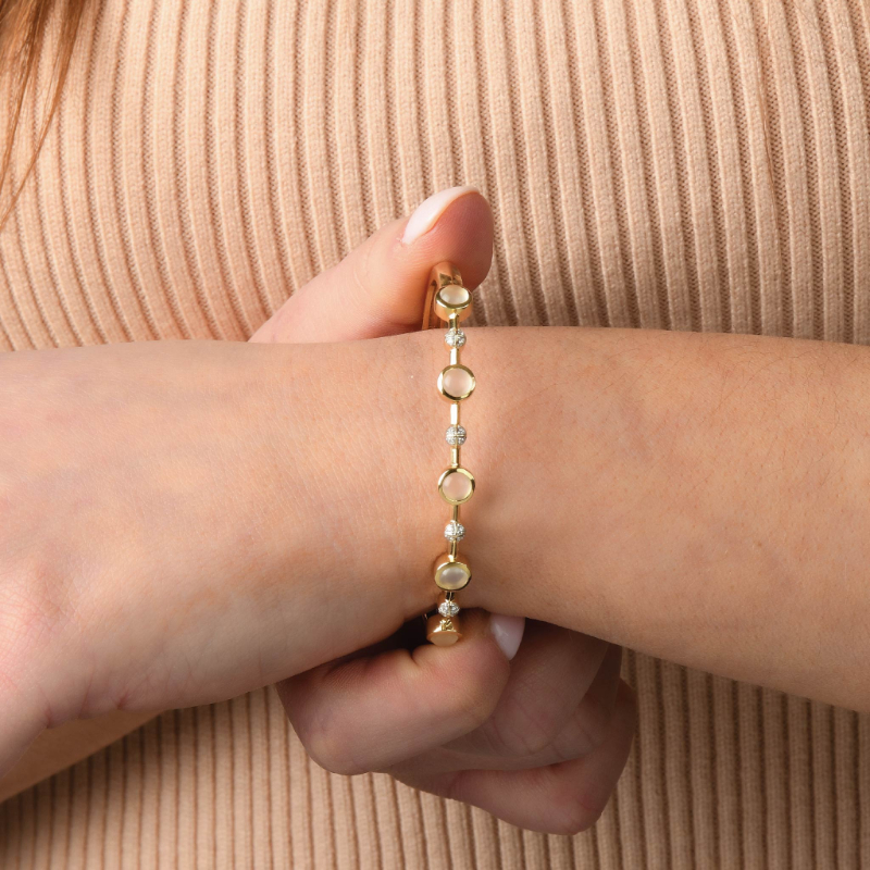 14K Solid Gold Natural White Diamond Ethiopian Opal Bangle Bracelet