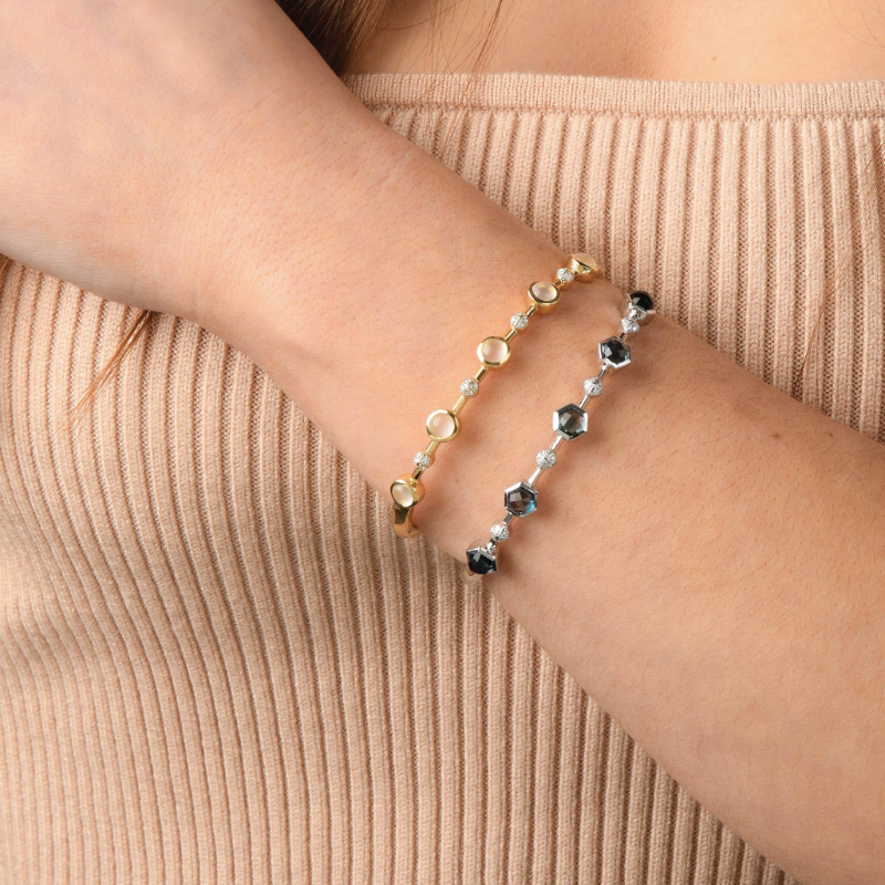 18K Solid Gold Natural White Diamond Ethiopian Opal Bangle Bracelet