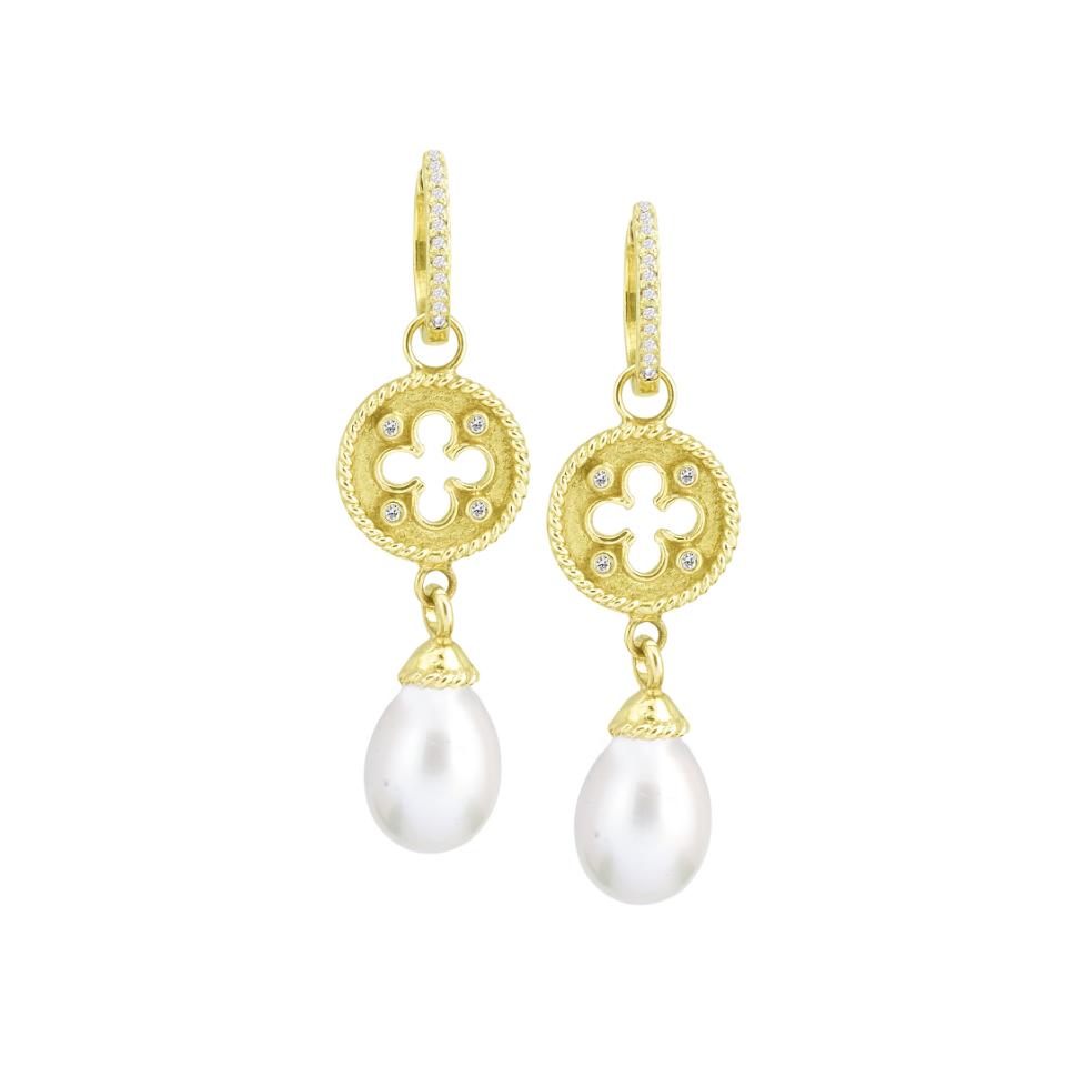 14kt Yellow Gold Clover Shield White Pearl Drop & Diamond Earring Charms