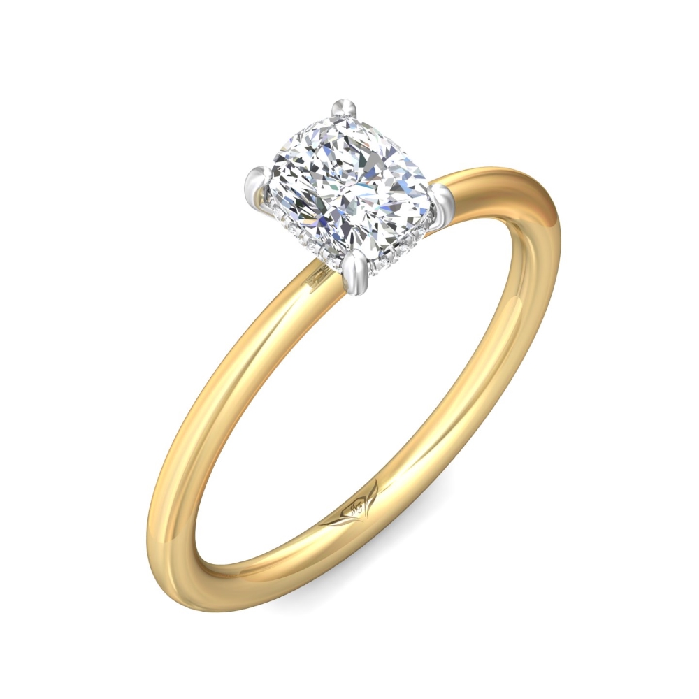 14K Yellow and White Gold Cushion Diamond Engagement Ring