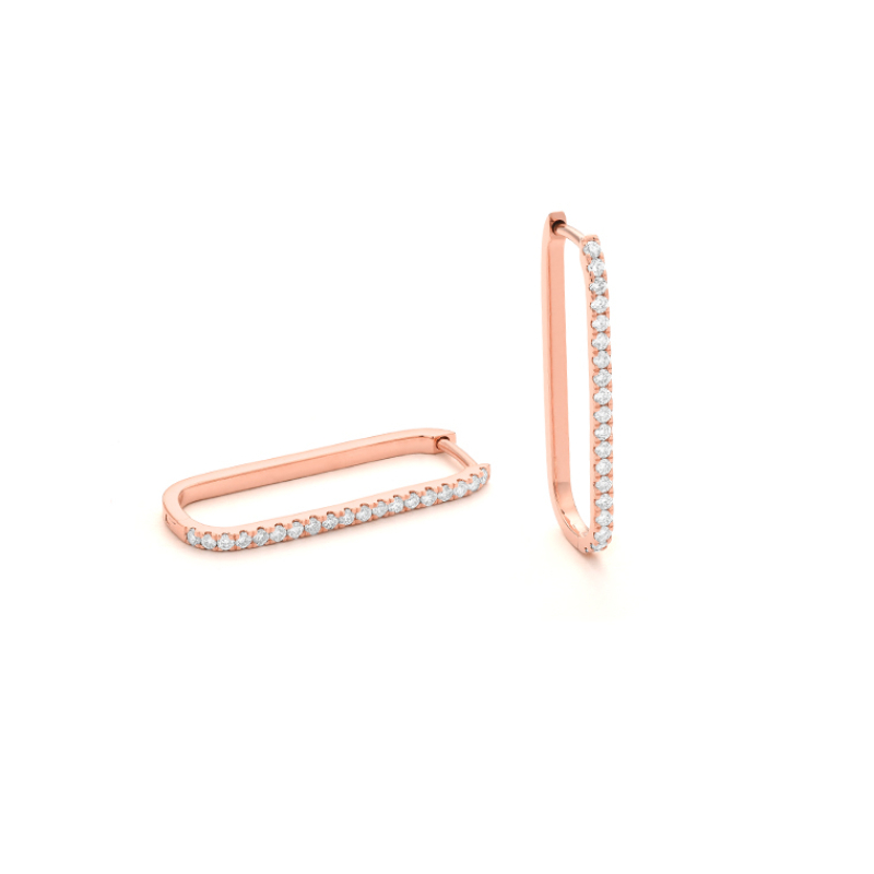 14K ROSE GOLD ELONGATED RECTANGLE SHAPED HOOP EARRINGS WITH .32CTTW ROUND SI CLARITY & GH COLOR DIAMONDS