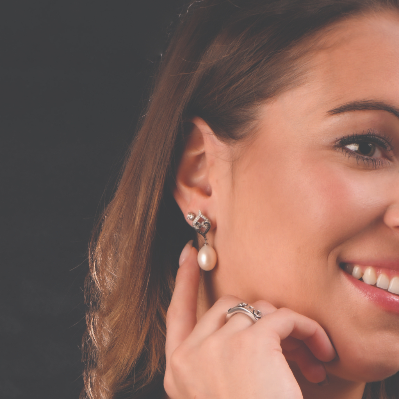 Sterling Silver Pearl White & Black Diamond Drop Earrings