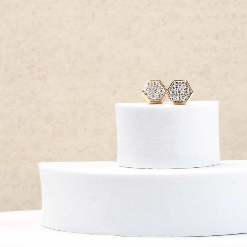 14K Solid Gold White Diamond Hexagon Stud Earrings