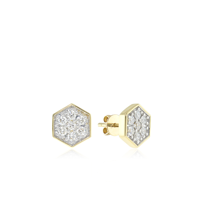 18K Solid Gold White Diamond Hexagon Stud Earrings