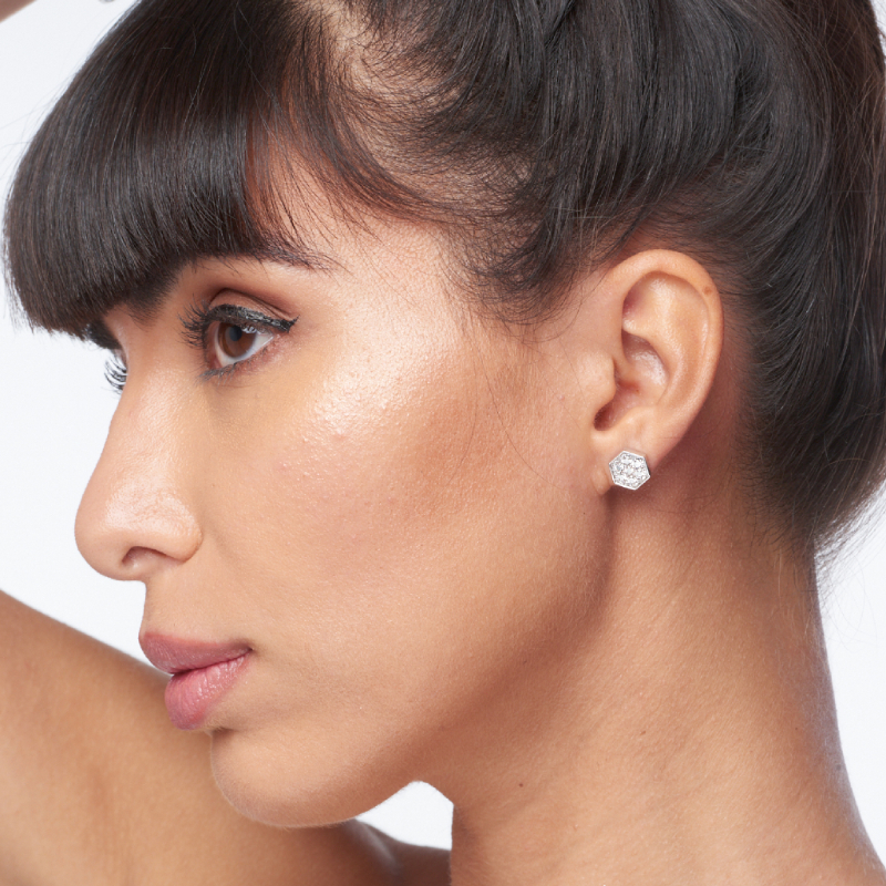 Sterling Silver White Sapphire Hexagon Earrings